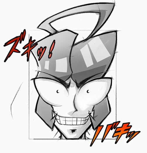 A headshot of Nojuka grinning while staring directly at the camera. Japanese onomatopoeia are embellished on opposing corners.